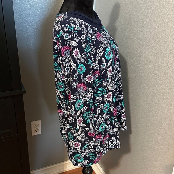 Kim Rogers Floral Print Cotton Top XL Navy 3/4 Sleeve Casual Boho Cottagecore - Picture 7 of 7